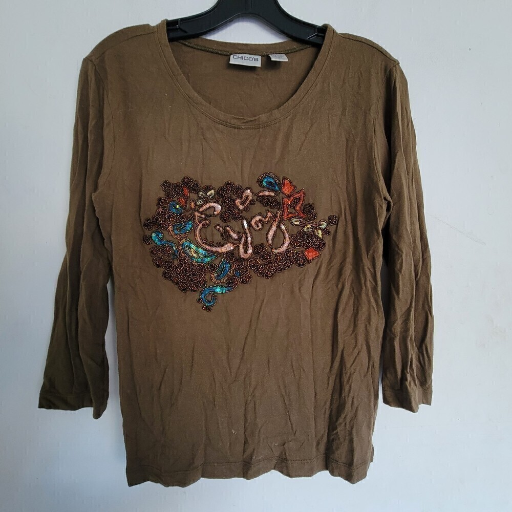 Chico's Beaded Front Enjoy Spell Out Round Crewneck 3/4 Sleeve Brown Top Size 0